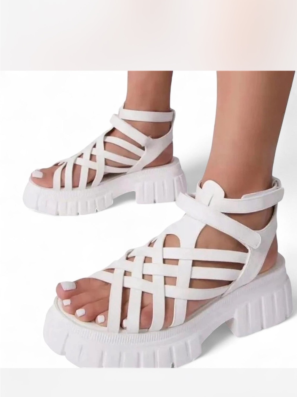 White Strappy Platform Sandals - Women's Chunky Gladiator Style
